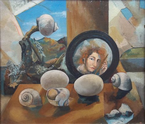 Anonymous Surrealist Master:, Self Portait Through the Looking Glass, Highly Unusual  and Striking Oil on Panel Dated 1943