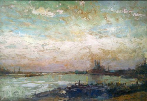 Antique Chelsea Harbour London Oil Painting 1915 Alfred Bastien (1873-1955) Belgian War Artist Ww1
