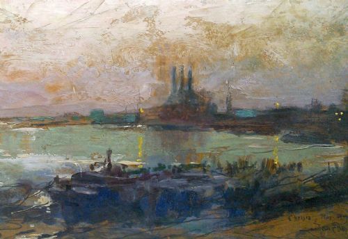 fig 2. Antique Chelsea Harbour London Oil painting 1915 Alfred Bastien (1873-1955) Belgian war artist WW1