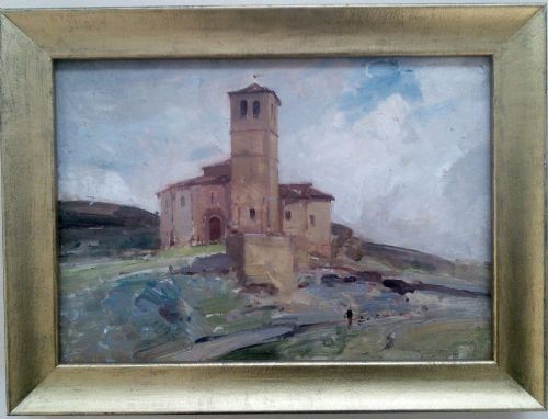 fig 1. Antique oil painting Italian landscape  ca 1900 remeniscient of Corot by Hans A Trier (1877-1962)
