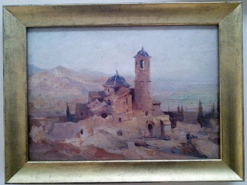 fig 1. Antique oil painting Italien Mountain Town  remenicient of Corot ca 1900 by  Henry A Trier (1877-1962)