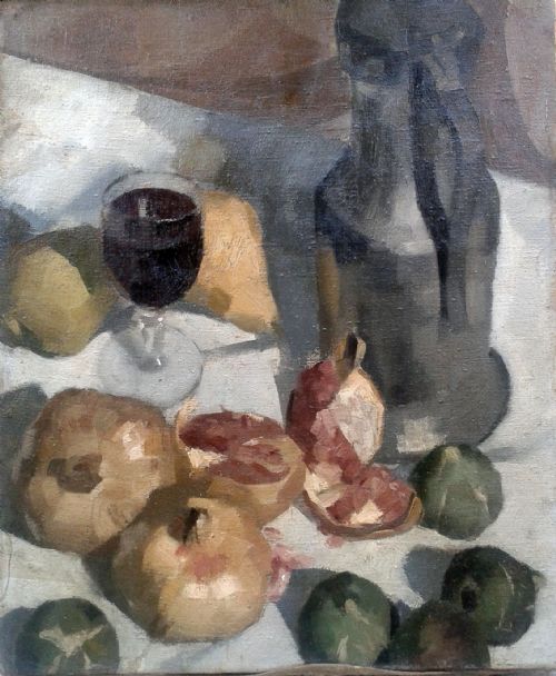 Cezannian Still Life with Figs and Pomegranates Antique Oil on Canvas C 1943 Antoine Martinez (French 1913-1970)
