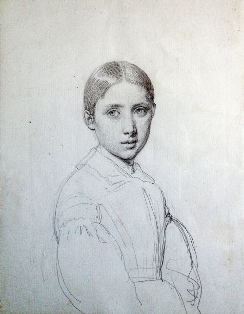 Portait of a Young Girl, Ingres School, Romantic Artist of the Mid 19th Century Antique Drawing,