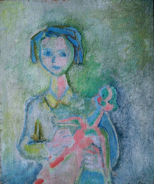 French Antique Modernist Little Girl and Doll Oil on Canvas Painting Dated 1949 Claude Mendelovic