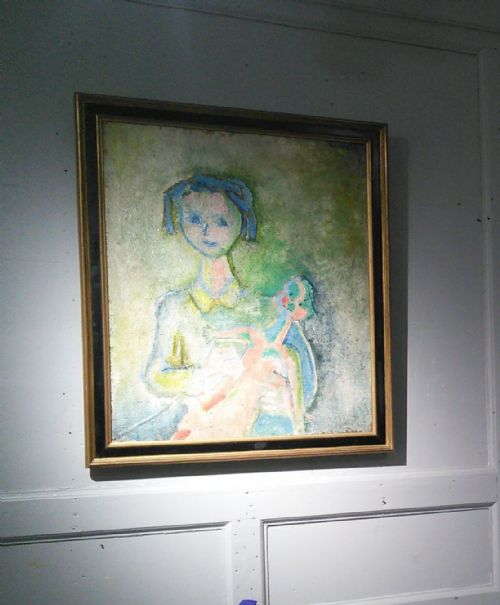fig 1. French Antique Modernist Little Girl and Doll oil on canvas painting dated 1949 Claude Mendelovic