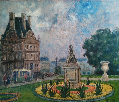 French Antique oil Paris, The Louvre by Francois Gall's student Mauris Falliès (1883-1965)