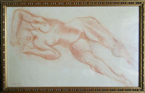 Antique French Sculptural Female Nude Drawing 1944 Raymond Veysset