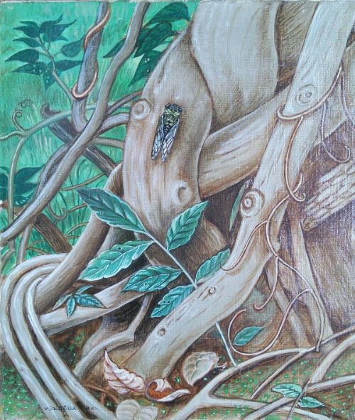 "Bugs, Undergrowth" Highly  Unusual  Rare New York Woman Artist Virginia Snydecker(1909 - 2000) Dated 1932 Oil Painting