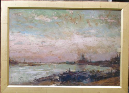 fig 4. Antique Chelsea Harbour London Oil painting 1915 Alfred Bastien (1873-1955) Belgian war artist WW1