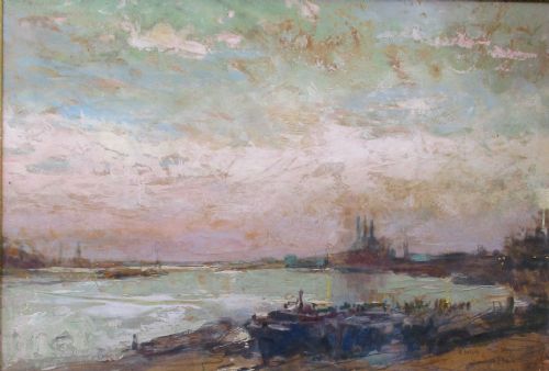 fig 5. Antique Chelsea Harbour London Oil painting 1915 Alfred Bastien (1873-1955) Belgian war artist WW1