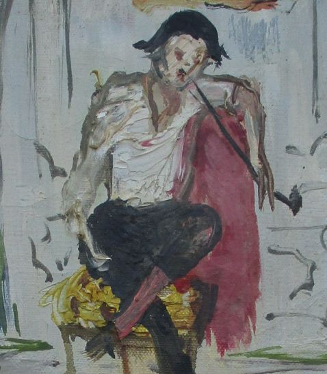 fig 1. French Expressionnist Harlequin Pierrot Montmartre ca 1950 by Gabriel Dauchot. Greta Garbo owned a similar work! Antique oil on canvas.