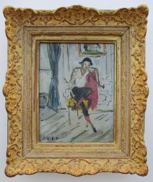 French Expressionnist Harlequin Pierrot Montmartre Ca 1950 by Gabriel Dauchot. Greta Garbo Owned a Similar Work! Antique Oil on Canvas.