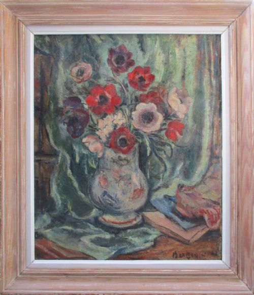 fig 1. FrenchAlbert Bergevin (1887-1974) antique Still life with Anemones, 1943 Soutine -esque war period oil on canvas