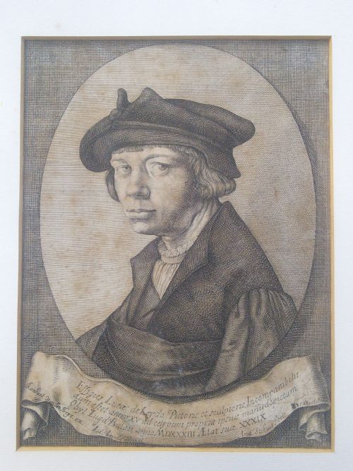 Antique 17th Century Engraving: The Hypnotic Self Portait of Lucas Van Leyden Engraved by Andries Jacobsz. Stock (1580-1648) Edited by Rombout Van Den Hoeye (1622-1671)