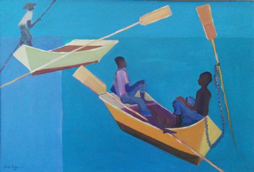 Calixte Henry Haitian Master: Island Fishermen, Large Colourful Cubist Mid 20th Century Oil on Board