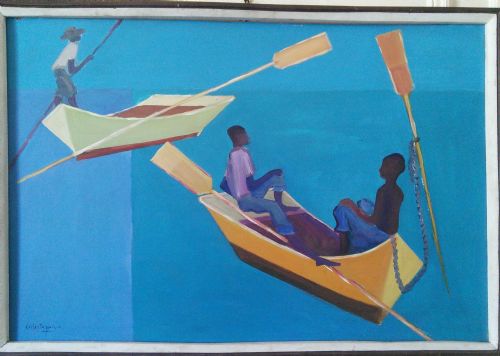 fig 1. Calixte Henry Haitian Master: Island Fishermen, large colourful cubist mid 20th century oil on board