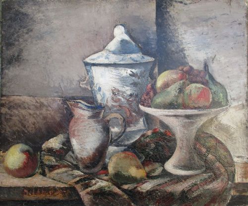 fig 1. Cezannian Still Life  ca 1924 with Apples and Pears antique oil on panel Swedish Eric Detthow (1888-1952) Paris