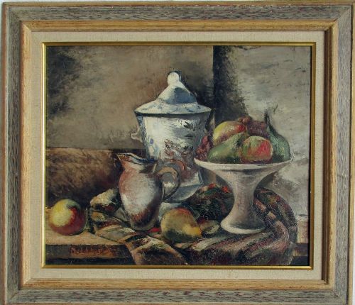 Cezannian Still Life  Ca 1924 with Apples and Pears Antique Oil on Panel Swedish Eric Detthow (1888-1952) Paris