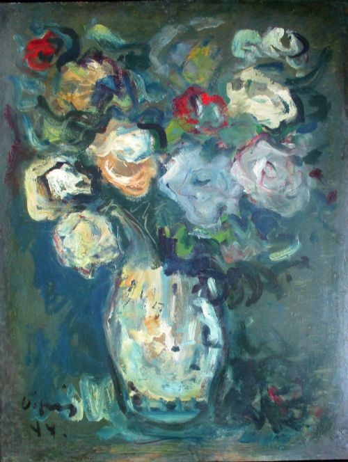 Antique Soutine-esque Expressionnist Exuberant Floral Still Life, 1944 by  French/austrian Sylvain Vigny (1903-1970)  Oil on Board