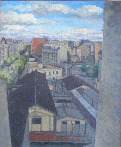 French Unusual  Modernist City View Paris Ca.1950 Moving  Clouds, View from the Artist's Studio Oil on Canvas
