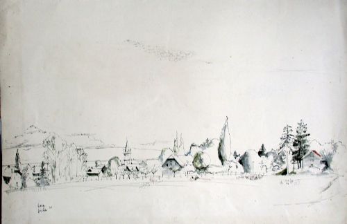 Superb Provenance Modernist French Village Line Drawing 1952 by Franco Romanian Philippe Cara Costea
