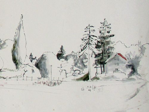fig 1. Superb provenance Modernist French Village line drawing 1952 by Franco Romanian Philippe Cara Costea