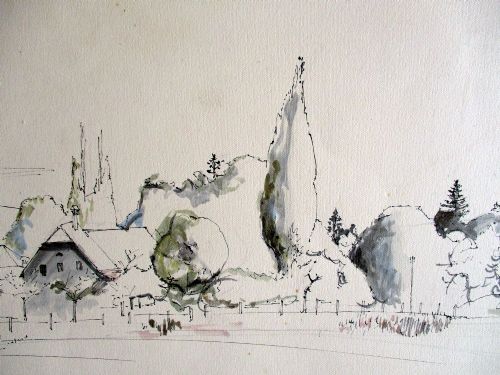 fig 2. Superb provenance Modernist French Village line drawing 1952 by Franco Romanian Philippe Cara Costea