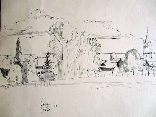 fig 3. Superb provenance Modernist French Village line drawing 1952 by Franco Romanian Philippe Cara Costea