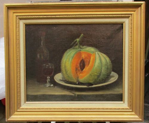 Antique French Late 19th Century Still Life with Melon Fruit  Oil Painting