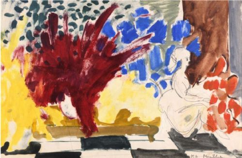 Exuberant Antique French Colourist Mireille Glodek-miailhe "Firebrand  Lady"  Gouache on Paper in the Tradition of Matisse, Ca 1950-60