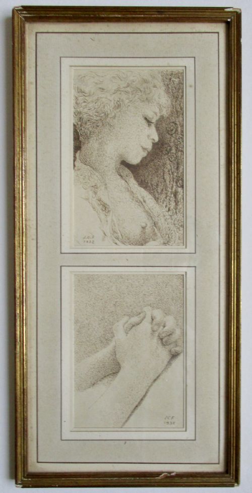 French Antique Surrealist Jean-claude Fourneau Circle of André Breton Dated 1932 Rare Fine Ink Drawings (2) in One Frame