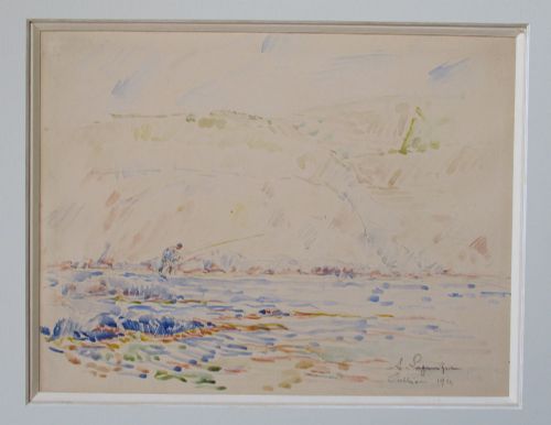fig 1. Antique Fisherman in Collioure,  South of France, pointillist watercolour circa 1920 by André Lagarrigue
