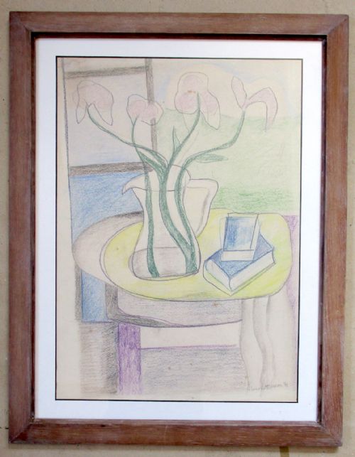 French Fernand Leger's Partner Simone Herman *1905 Modernist Still Life Conté Crayon Drawing 1947
