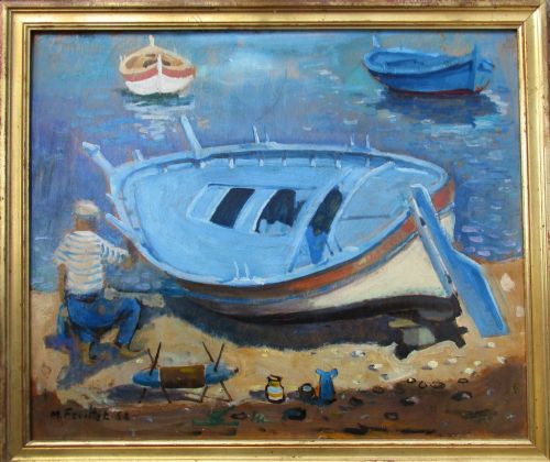 French Montmartre Born Artist Maurice Feuillet Antique Oil on Board "Sailor Oiling His Boat on the Beach" Brittany(?) 1952
