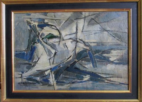 Superb Antique 1956 Abstract Geometric Oil on Board, Paris , Salon Des Réalites Nouvelles