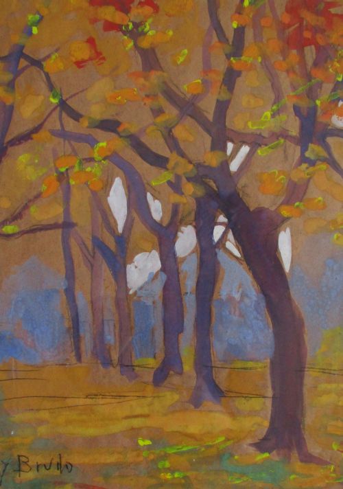 Colorist Trees, Woman Artist Yvonne Brudo, French Antique Watercolour Ca 1920 Pont Aven Style