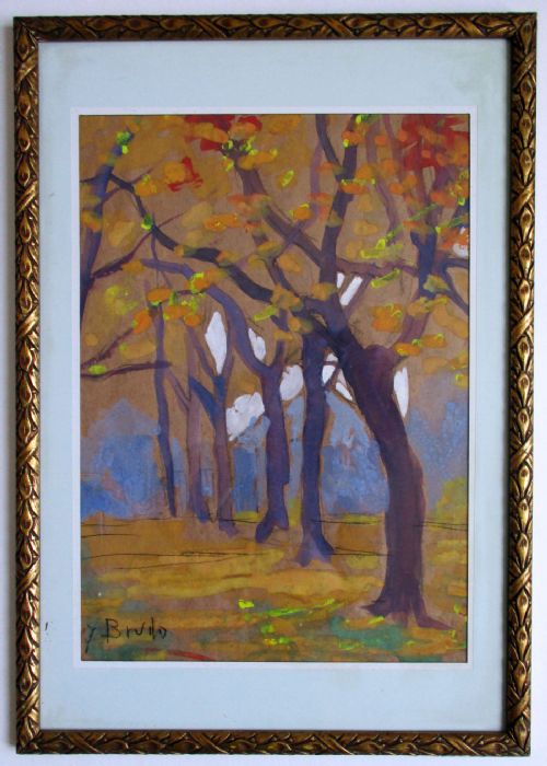 fig 1. Colorist Trees, woman artist Yvonne Brudo, French antique watercolour ca 1920 Pont Aven style