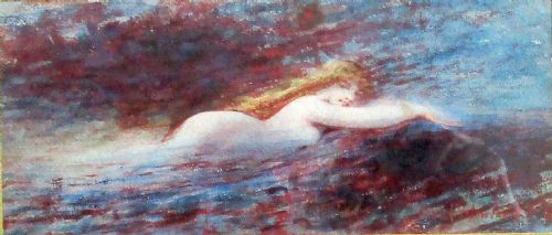 Little Mermaid or Siren: Symbolist Art Nouveau Period Antique Watercolour Circa 1890
