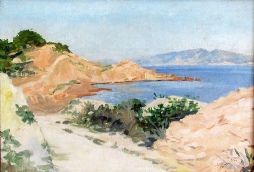 fig 1. Summer on the mediterranean coast, Camargue, the South of France, antique oil by Etienne Laget ca 1950