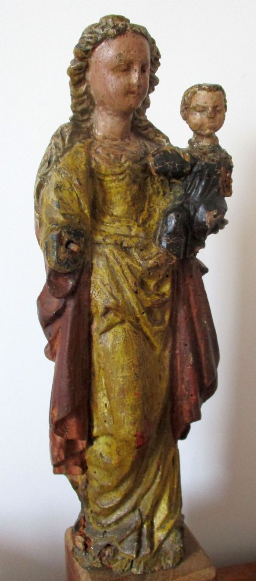 fig 1. Magnificent early ca 1640 Virgin and Child polychrome sculpture, wood carved Malines Mechelen Flemish or Spanish