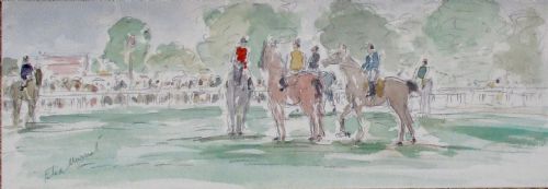 Antique French Horse Racing Paddock Scene, Deauville, Normandy, Watercolour 1950s Felix Murnot