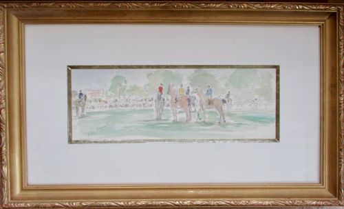 fig 1. Antique French horse racing paddock scene, Deauville, Normandy, watercolour 1950s Felix Murnot