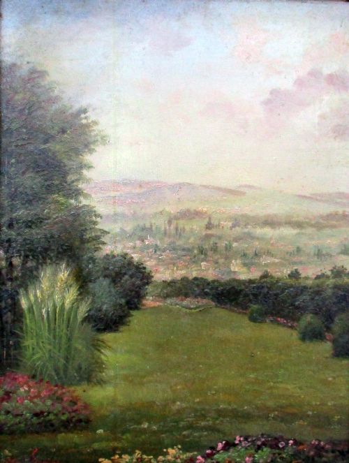 "The View from the Garden in Summer"  Fine Antique French 1870-1880 Oil on Panel