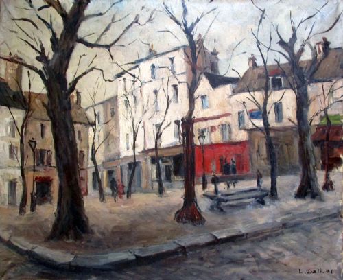 fig 1. Utrillo student Louis DALI antique 1948 Montmartre Place du Tertre Paris street scene oil on canvas Montparnasse frame