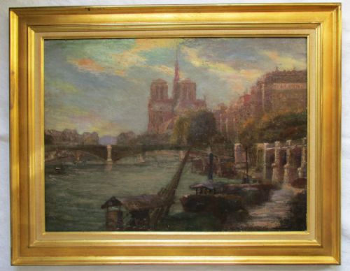 Masterpiece - Antique Ca 1880 Impressionist Paris  Notre Dame Cathedral and the Seine in Summer Evening Light Oil on Canvas