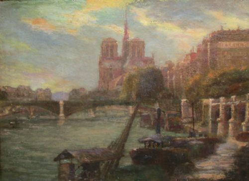 fig 1. Masterpiece - Antique ca 1880 Impressionist Paris Notre Dame Cathedral and the Seine in Summer evening light oil on canvas