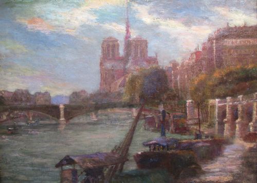fig 2. Masterpiece - Antique ca 1880 Impressionist Paris Notre Dame Cathedral and the Seine in Summer evening light oil on canvas