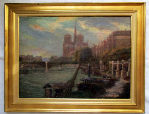 fig 3. Masterpiece - Antique ca 1880 Impressionist Paris Notre Dame Cathedral and the Seine in Summer evening light oil on canvas