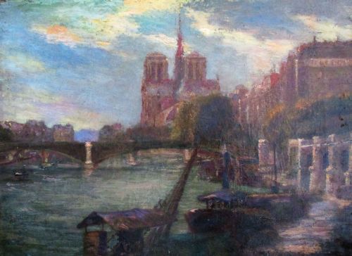 fig 4. Masterpiece - Antique ca 1880 Impressionist Paris Notre Dame Cathedral and the Seine in Summer evening light oil on canvas