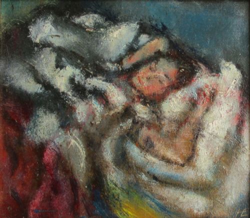 fig 1. The first morning stretch: antique oil on canvas ca 1940 by Swedish French Hans Ekegardh